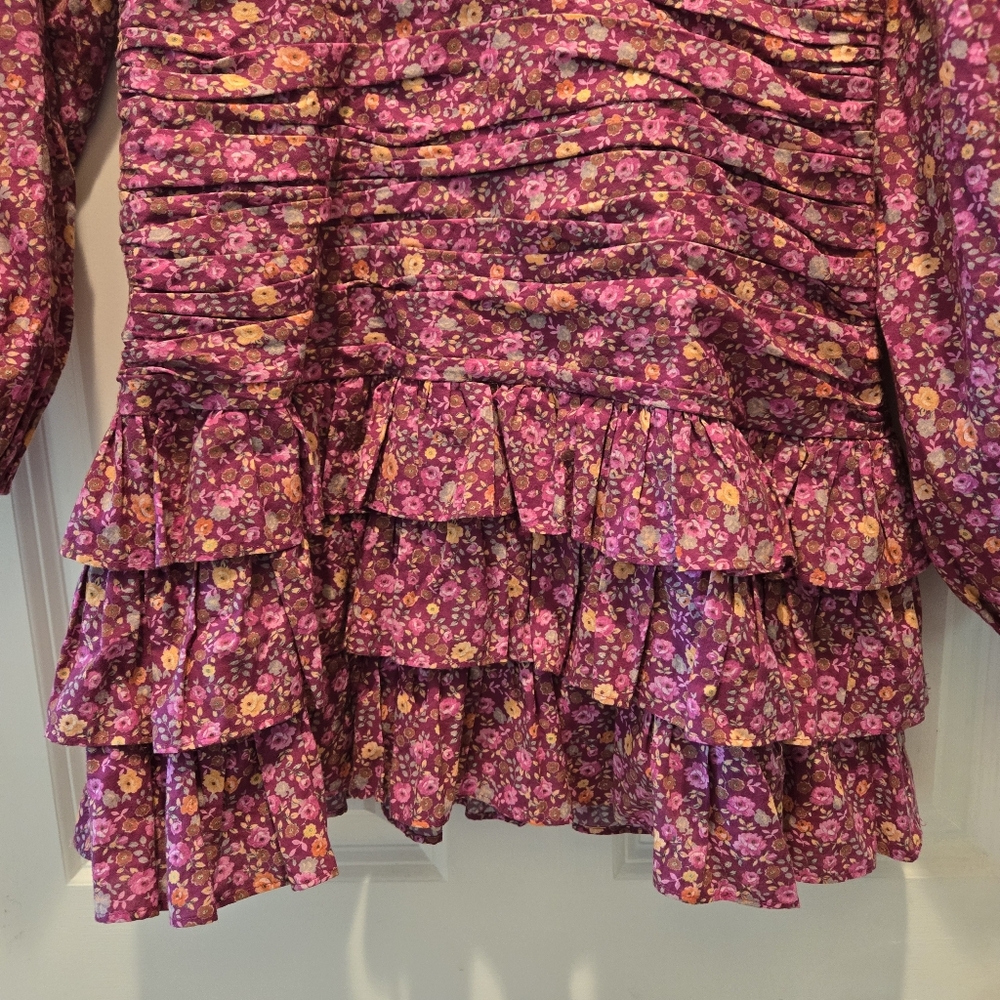 LoveShackFancy Mini Dress 4 Floral Red Pink Ruffled Tiered Long Sleeve Ruched - Picture 5 of 10